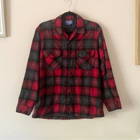 Pendleton• vintage red green wool flannel plaid button up shirt - Picture 1 of 13